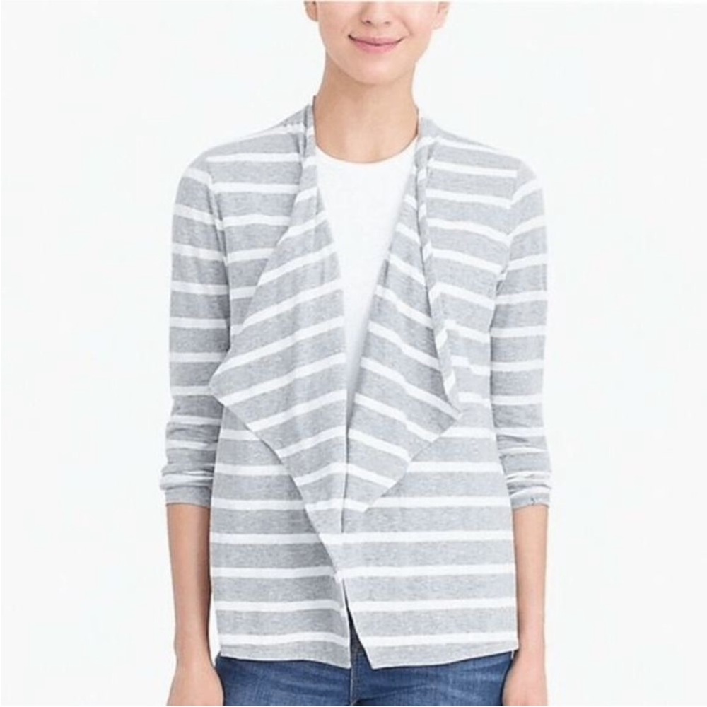 J. Crew Factory Gray White Striped Always Cascading Cardigan Sweater Size Large